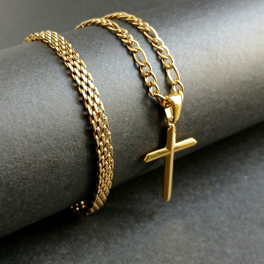 Elegante Cadena eslabon + pulsera de malla + dijen cruz Hombre