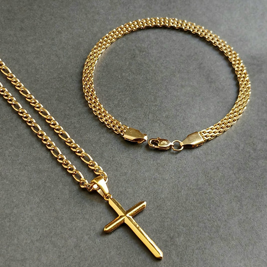 Elegante Cadena eslabon + pulsera de malla + dijen cruz Hombre